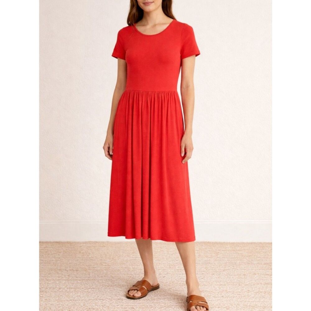 ASOS Dress Tomato Red Jersey Knit Short Sleeve Midi Defined Waist Women’s Size 6